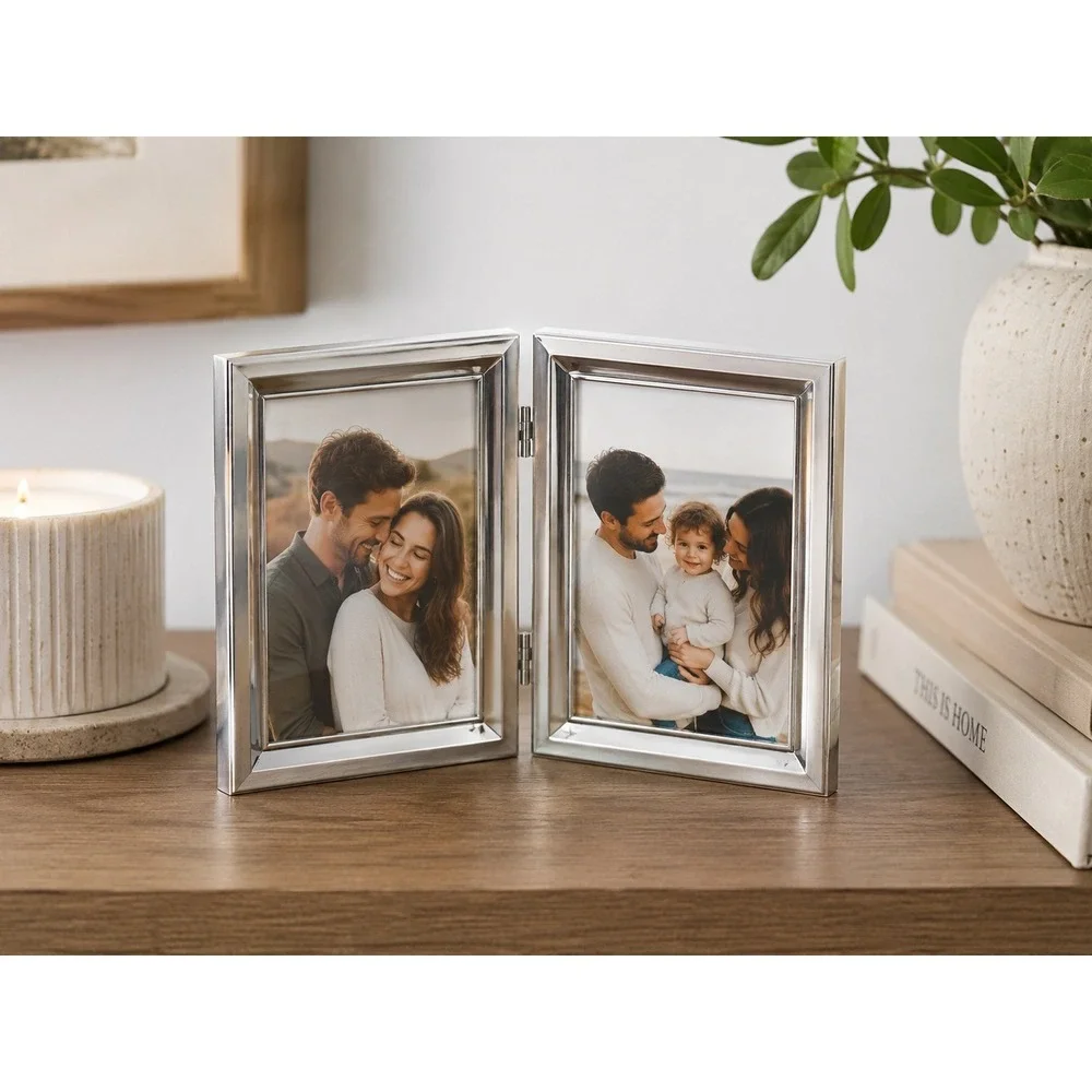 HB Group Double Picture Frame Silver Excellent Vintage 1997 Folding Beveled Edge